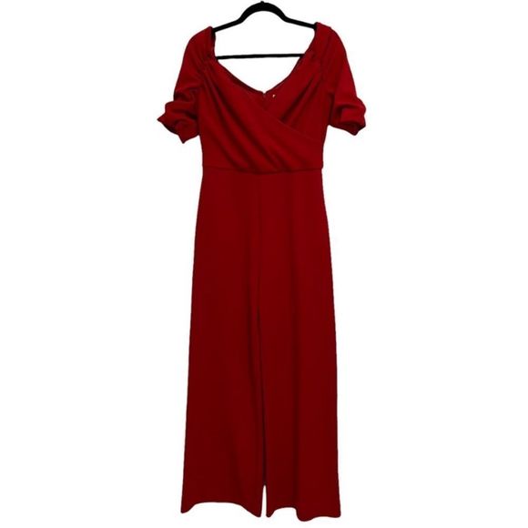 Badgley Mischka Belle Mia Red Ruched Crossover Neckline Wide Leg Jumpsui… - Picture 3 of 7